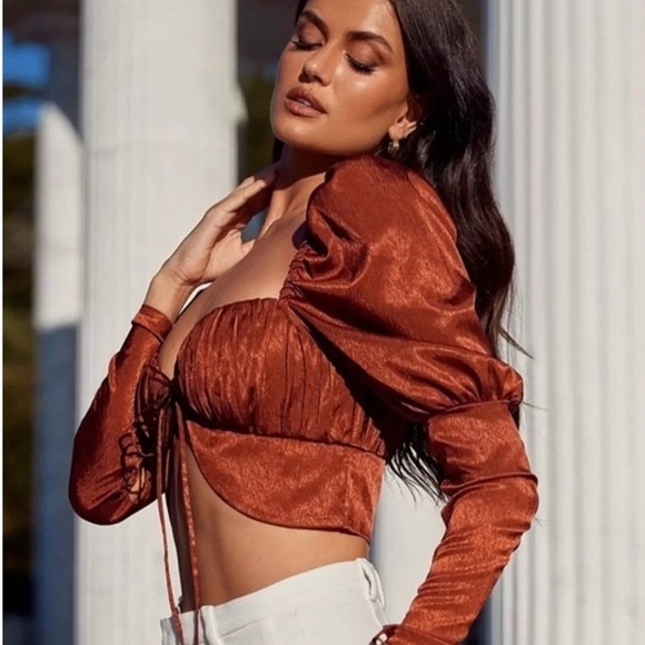 BNWT Alamour the Label Rafael Crop Lace Up Rust Shimmer Blouse size Medium - Picture 2 of 8